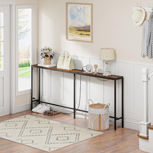 Nouva 70 Inch Narrow Console Table with Outlet, Sofa Table with Charging Station, Behind Couch Table with Metal Frame for Living Room, Rustic Brown