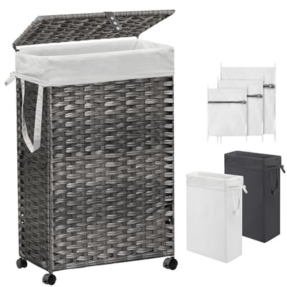 70L Slim Laundry Hamper with Lid & Wheels, Rolling Laundry Basket with 2 Removable Liner Bags & 3 Mesh Bags, Narrow Dirty Clothes Basket, Foldable Handwoven Rattan Laundry Sorter, Grey - color: Grey