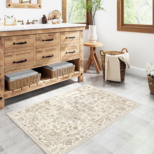 2x3 Beige Neutral Area Rug | Washable, Non Slip, Soft Low Pile, Vintage Farmhouse, for Entryway Kitchen Bathroom Living Room Bedroom Indoor Home Decor - color: Beige, size: 2' x 3' (Rectangular)
