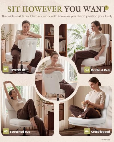 COMHOMA Home Office Desk Chairs with Ergonomic Curved Backrest, Mid Century Modern Vanity Chair with Wheel for Bedroom, Chenille Upholstered, White - color: White, Chenille
