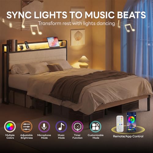 LIKIMIO Full Bed Frame with Headboard, LED Lights and Charging Station | Upholstered sherpa storage headboard with LED & charger; heavy-duty slats; noise-free; modern elegance; natural and cream - color: Natural and Cream, size: Full