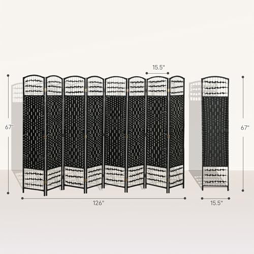 HOMCOM 8 Panel Room Divider, Folding Privacy Screen, 5.6', Black | Room Separator, Wave Fiber Freestanding Partition Wall Divider - color: Black, size: 8 Panel
