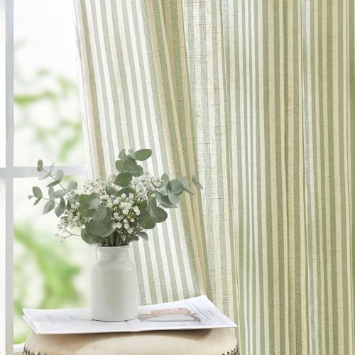 jinchan Linen Curtains 84 Inch Sage Green Stripe on Beige Back Tab 2 Panels | Curtains For Living Room Bedroom,Ticking Stripe, Farmhouse Cottage Core Rustic,Rod Pocket Window Treatment,Light Filtering - color: Sage Green on Beige, size: 38"W x 84"L (Pack
