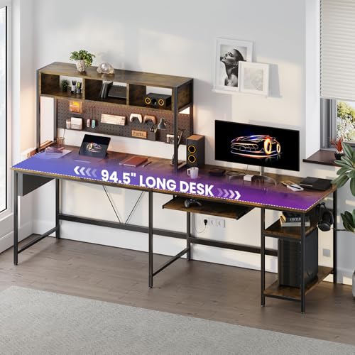 67" L Shaped Desk with LED Lights, Reversible Computer Corner Gaming Desk for Small Spaces, Metal Frame PC Table Keyboard Tray & Storage Shelf for Home Office Bedroom, Rustic Brown - color: Brown