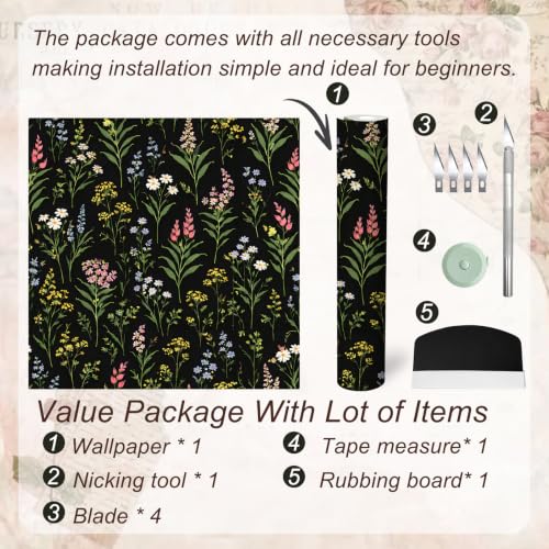 Peel and Stick Wallpaper17.3 X393.7 in, Dark Floral Leaf, Vintage Self-Adhesive Removable Wall Mural, Waterproof Accent Easy to Install for Living Room Bedroom Kitchen Walls - color: Dusk Bouquet, size: 17.3"X393.7"
