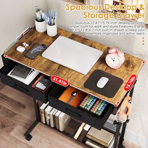 Small Rolling Standing Desk, Height Adjustable Mobile Sturdy Desk with 2 Fabric Drawers & Storage Shelf, Portable Sofa Side Laptop Table for Home Office, Small Spaces, 31.41"" x 15.74"", Rustic Brown - color: Rustic Brown