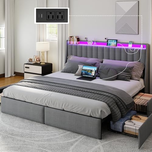 SADENICEL King Size Bed Frame with 4 Storage Drawer, King Bed Frame, Grey | Headboard with Charging Station and LED Lights, Metal Platform Bed with Storage Shelf, Noise Free, No Box Spring Needed - size: King, style: Channel Tufted & 4 Storage Drawers