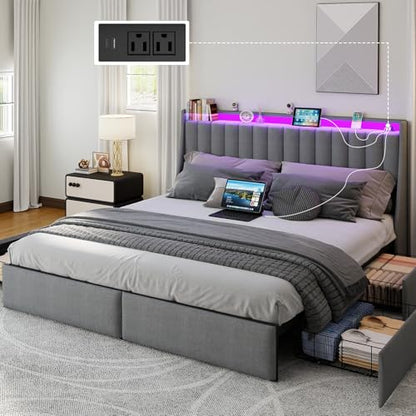 SADENICEL King Size Bed Frame with 4 Storage Drawer, King Bed Frame, Grey | Headboard with Charging Station and LED Lights, Metal Platform Bed with Storage Shelf, Noise Free, No Box Spring Needed - size: King, style: Channel Tufted & 4 Storage Drawers