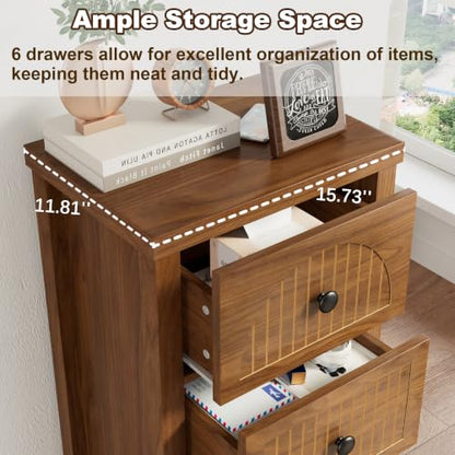 52.55" Tall 6 Drawer Dresser, Wood Chest of Drawers with Fluted Panel | Slim Storage Organizer with Anti-Tipfor Kit Small Spaces,Multipurpose Cabinet for Bedroom, Closet, Hallway, Nursery,Walnut, - size: 11.8"D x 15.7"W x 52.6"H (6 Drawers)