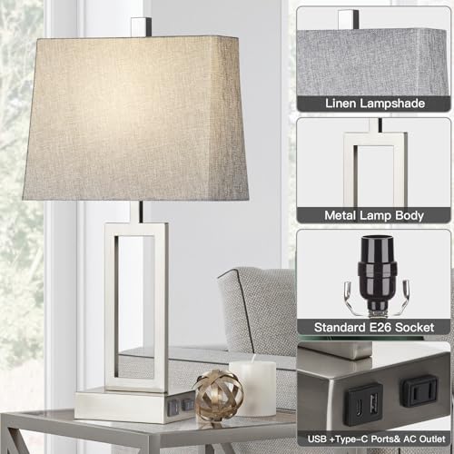 Lolikit 23.5" Touch Control Table Lamps, Metal Bedside Lamp for Bedroom Set of 2 with USB A+C Ports & AC Outlet, 3-Way Dimmable Nightstand Lamp for Living Room (LED Bulb Included) - color: Silver - 23.5"H