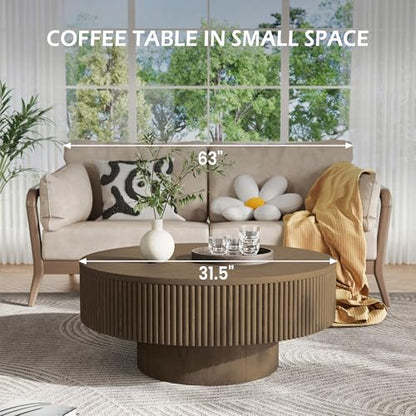 YOUDENOVA 31.5” Round Fluted Coffee Table, Modern Wood Circle Coffee Table, Veneer Handcrafted Relief Tea Table with Sturdy Pedestal for Living Room - Brown - color: 31" Brown-round