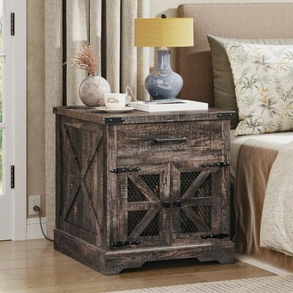 Farmhouse End Table with Charging Station, 24" Large Sofa Side Table with Drawer, Large End Table for Living Room, Wooden Nightstand with Outlet, Square, Dark Rustic Oak - color: Dark Rustic Oak