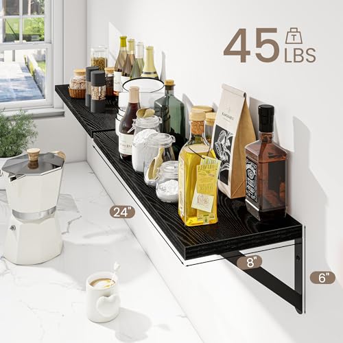 Dreamland Wall Mounted Floating Shelves Set of 2, 24x8, Black | Engineered Wood, Visible Bracket, Large Storage, Hold Up to 45lbs, Living Room, Bathroom, Bedroom, Kitchen - color: Black, size: 24"W x 8"D