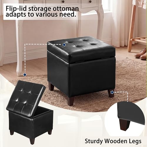 Storage Ottoman, 17" Fuax Leather Square Tufted Footrest Stool with Hinged Lid & Wooden Legs, Extra Seat or Coffee Table for Living Room, Bedroom, Entryway, Black - color: Black Leather