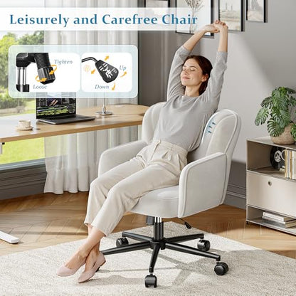 DurayLoly Vanity Chair with Wheels & White — Adjustable Height Makeup Chair, Plush Velvet Seat with Curved Backrest for Women, Girls, Bedroom Vanity & Desk, White - color: White