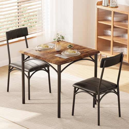 GarveeLife 3-Piece Dining Table Set for 2, Square Kitchen Table & Chairs | Upholstered, Space-Saving Square Kitchen Table Set, Compact Dining Room Furniture for Apartment, Studio - color: Brown