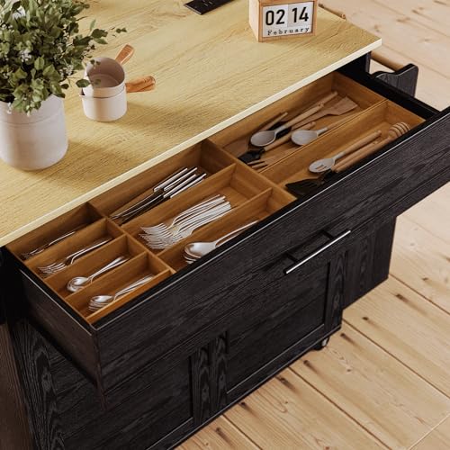 IRONCK Kitchen Island with Storage, Charging Station and Drop Leaf, Black | Wheels, Drawers, Open Shelves, Drawer Storage, Everyday Home Use - color: Black