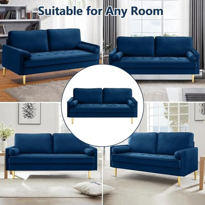 65" Love Seat Sofa, Velvet Small Sofa Small Couch for Bedroom Living Room, Bedroom, Loveseat with 2 Pillows, Gold Legs, Modern Tufted Seat Upholstered Seating for Office, Apartment (Blue) - color: Blue