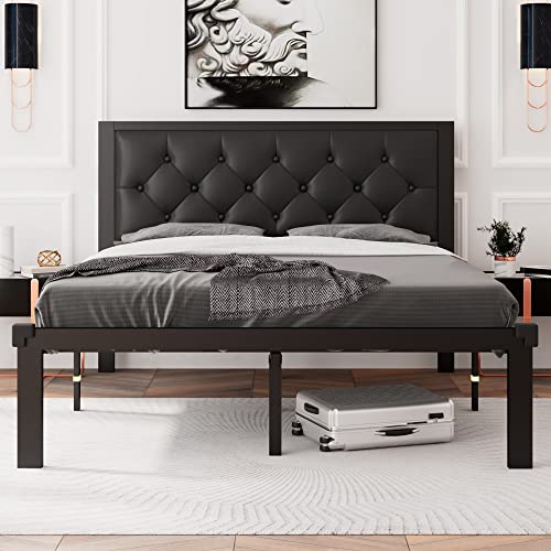 Feonase Full Size Metal Bed Frame with Faux Leather Button Tufted Headboard, Heavy-Duty Platform Bed Frame with 12" Storage, Steel Slats Support, No Box Spring Needed, Noise Free, Black - color: Black, size: Full