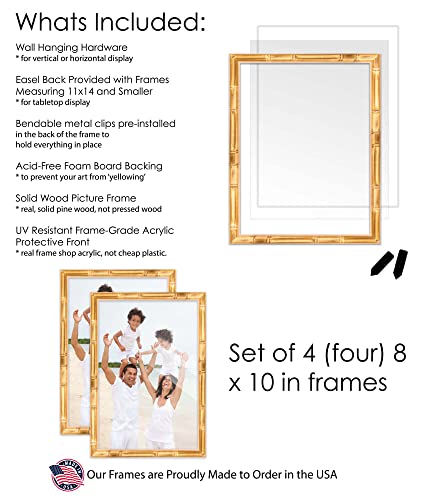 Pack of 4 Gold Bamboo 8x10 Picture Frames | Solid Wood | UV-Resistant Acrylic | Easy Gallery Wall Setup - color: Gold Bamboo, size: 8X10