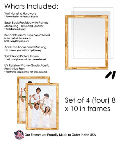 Pack of 4 Gold Bamboo 8x10 Picture Frames | Solid Wood | UV-Resistant Acrylic | Easy Gallery Wall Setup - color: Gold Bamboo, size: 8X10