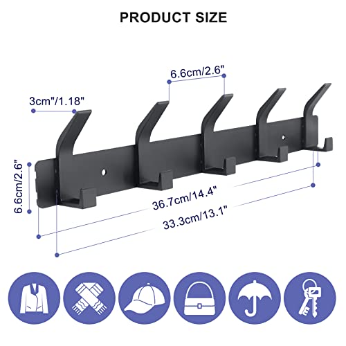 Coat Rack Wall Mounted,5 Coat Hooks for Hanging Coats,Heavy Duty Metal Double Hook Rack Hook Rail,Coat Rack with Hooks,Wall Mount Coat Hanger for Hat Towel Purse Robes ,Black,2Pack (Black2, 5 Hooks) - color: Black2