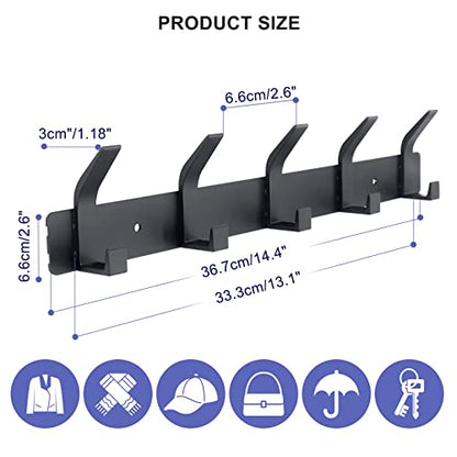 Coat Rack Wall Mounted,5 Coat Hooks for Hanging Coats,Heavy Duty Metal Double Hook Rack Hook Rail,Coat Rack with Hooks,Wall Mount Coat Hanger for Hat Towel Purse Robes ,Black,2Pack (Black2, 5 Hooks) - color: Black2