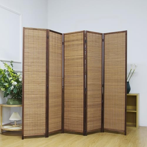 5 Panel Bamboo Room Divider Screen,5.6 FT Tall Bamboo Divider Folding Privacy Screen,Freestanding Panel Divider for Room Seperation,Brown - color: Brown, size: 5 Panel