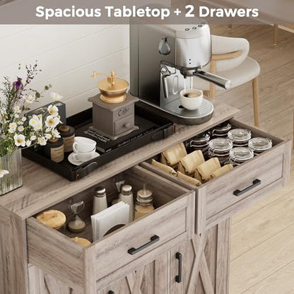 Homhedy Coffee Bar Storage Cabinet with Drawers, Kitchen Buffet Cabinet | Sideboard Cabinet with Doors, Farmhouse Buffet Cabinet, Adjustable Shelves, for Kitchen / Dining / Living Room, Greige - color: Greige