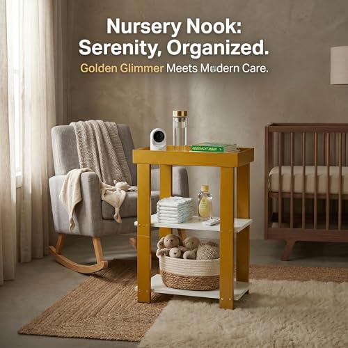 3-Tier Narrow Side Table with Tray Top, Slim Side Table, White&Gold | Modern Skinny End Table with Storage, Thin Nightstand Bedside Table for Small Spaces, Living Room, Bedroom or Bathroom - color: White + Gold