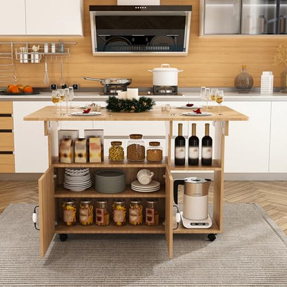 KEIKI 47 Inch Foldable Dining Table, Multi-Functional Folding Table with Storage Shelves and Wheels, Drop Leaf Extendable Dining Desk, Versatile Foldable Side Table for Kitchen, Dorm, Office, Walnut - color: Walnut