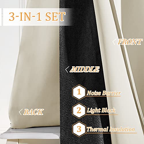 RYB HOME 3-in-1 Soundproof Blackout Thermal Insulation Living Room Curtains | Noise Blocker, 3 Layers, UV Heat Light Blcoking, For Bedroom Theatre Large Bay Window, W52 x L102, Beige, 2 Panels - color: Beige, size: 52"W x 102"L (Pack of 2)