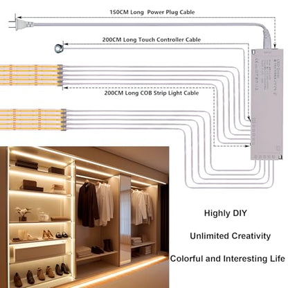 BENLUN 12V COB LED Under Cabinet Strip Lighting Cuttable 32.8ft for Kitchen | 3000K Warm White LED Strip Lights Dimmable Adhesive 8W/M CRI 93 with Dimmer and Power Supply for Bookcase Shelf Display - color: Warm White 3000K