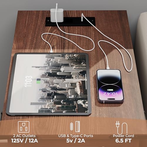 VVFLU Farmhouse End Table with Charging Station and 2 Storage Drawers, Cherry Wood Nightstand Narrow, Skinny Side Table Rustic, Slim Bedside Table, Open Shelf, Small for Bedroom, Living Room, Sofa - color: Cherry/Wood