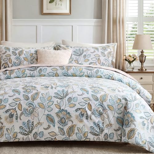 Blue Floral Duvet Cover King Size 100% Cotton Botanical Coquette Comforter Cover 3 Pieces Soft & Breathable French Style Duvet Cover with Zipper Closure - color: French Style, size: King