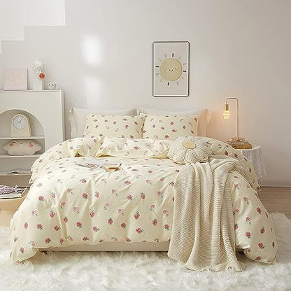 LifeTB Cute Strawberry Duvet Cover Twin Kids Girls Strawberry Bedding Set Kawaii Kids Duvet Cover Soft 100% Cotton Fruit Bedding Cover Boy Teen Cute Comforter Cover with 2 Pillowcases, Cream White - color: A7# Small Strawberry, size: Twin(68"x86")