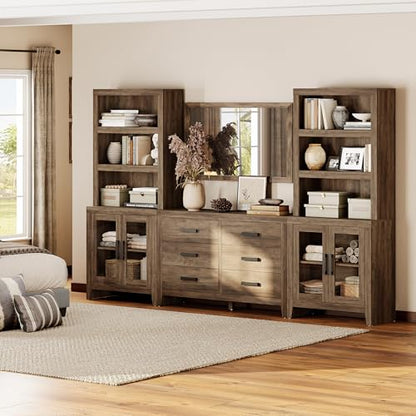 WAMPAT Farmhouse Entertainment Center with Bookshelves, TV Stand Set with Glass Doors & 6 Drawers, Wood Media Console for Living Room, Bedroom, Brown - color: Brown