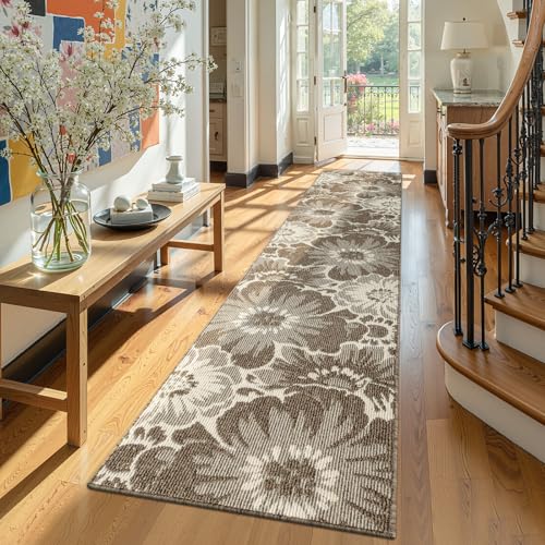 Findosom Hallway Runner Rug 2x10, Non Slip High-Low Textured Floral Washable Runner Rug with Rubber Backing, Boho Carpet Runner for Kitchen, Entryway, Bedroom, Laundry, Brown - color: Brown, size: 2' x 10'