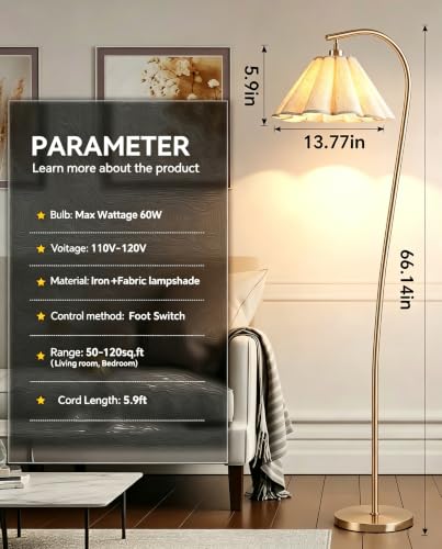 Floor Lamp with Pleated Linen Lampshade, Modern Flower Floor Lamp for Living Room Arc Standing Lamp, Gold Tall Lamp for Bedroom Office Dining Room, E26 Bulb Included