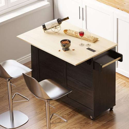 IRONCK Kitchen Island with Drop Leaf, 35.4" W Rolling Kitchen Table, Black | Rolling Kitchen Cart with Storage Cabinets, Drop Leaf, Built-in Power Outlet & Lockable Wheels for Kitchen Organization - size: 35.4-Inch