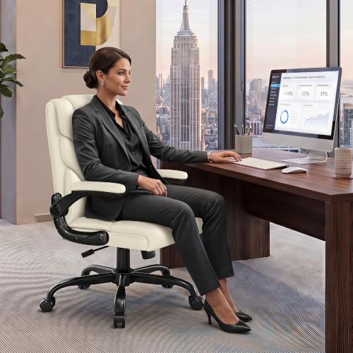 Office Chair, Executive Mid-Back Computer Desk Chair with Flip-up Armrests | 300 Lbs Ergonomic Leather Swivel PC Chair with Rock Function for Working Studying (Creamy White) - color: Creamy White