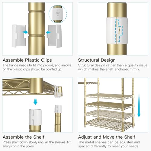 E1 Heavy Duty Closet Garment Rack, 6 Tiers Adjustable Clothing Storage | Metal Gold Freestanding Expandable Closets with 4 Hanger Rods, Easy-to-Assemble Wardrobe - color: Gold