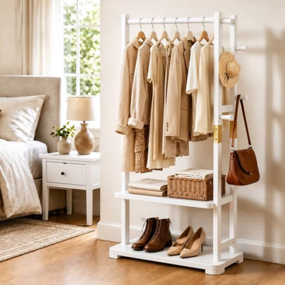 Solid Wood Clothes Rack with 2 Shelves & 4 Hooks for Hanging Clothes Garment Wallets Hats, White Clothing Rack Heavy Duty Coat Rack Freestanding with Storage Hall Tree for Hallway Bedroom Living Room | Hallway bedroom living room, durable wood constructio