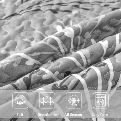 DJY Grey Quilt Set Queen Size - Branch Botanical Bedspread Coverlet Set | 3 Pieces Gray Floral Quilt Bedding Set, Soft Lightweight Microfiber Reversible Summer Quilt Set, 96''x90'' - color: Grey, size: Queen