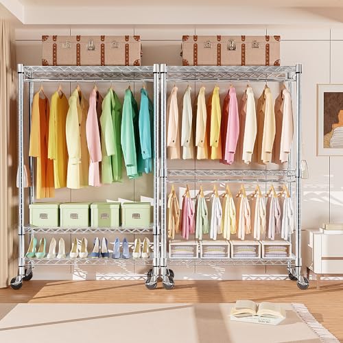 M MZG Heavy Duty Rolling Garment Rack 3 Tiers Adjustable Wire Shelving Clothes Rack with Rods and Side Hooks,Storage Closet Clothing Rack with Wheels Chrome 17.7" D x 47.2" W x 83.6" H - color: Chrome, size: 3 Tier with 1 rod, 17.7"D x 47.2"W x 83.6"H