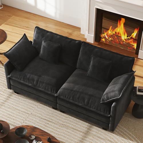 77" Cloud Sofa Loveseat, Comfy Sectional Couch, 2-Seater Chenille Deep Seat Sofa with Throw Pillows for Living Room Bedroom Apartment (Black) - color: Black, size: 77" Sofa
