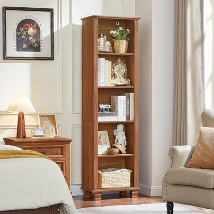 70" Tall Narrow Book Shelf, 5-tire Bookshelf with Adjustable Shelves & Solid Wood Legs, Farmhouse Freestanding Bookcase with Open Storage, Wood Book Case for Office, Living Room, Brown - color: Brown
