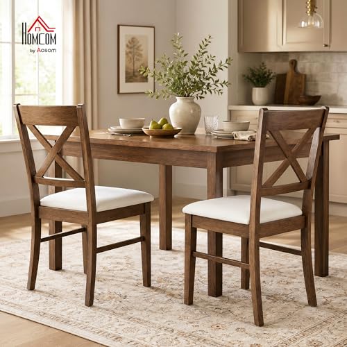 HOMCOM Dining Chairs Set of 2 Upholstered Kitchen Chairs Cross Back Walnut | Rubberwood Frame, Padded Seat, for Living Room, Dining Room, Kitchen - color: Walnut, style: Cross Back
