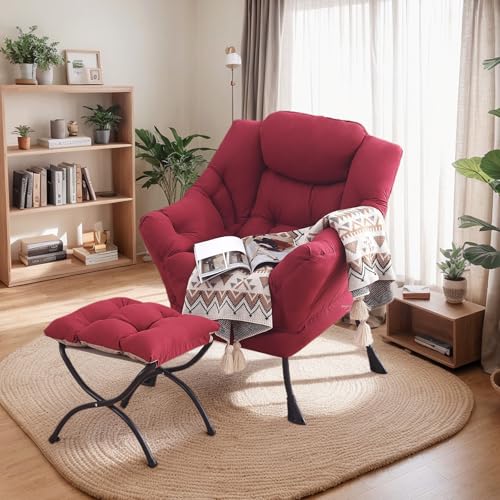Lazy Chair with Ottoman, Soft Comfy Chair for Bedroom, Burgundy | Reading Accent Lounge Chair with folding Foot Stool for Living Room Dorm Apartment, sturdy metal frame - color: Burgundy
