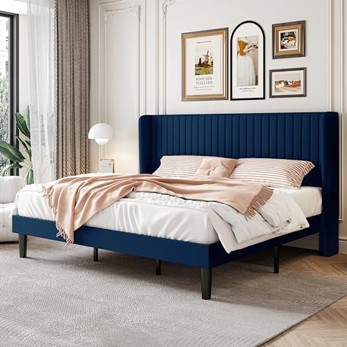SHA CERLIN King Size Velvet Bed Frame, Tufted Wingback Headboard, Blue | 47'' Modern Vertical Channel Headboard, Upholstered Platform Bed, Wood Slats, No Box Spring Needed, Easy Assembly, Noise Free - color: Blue, size: King